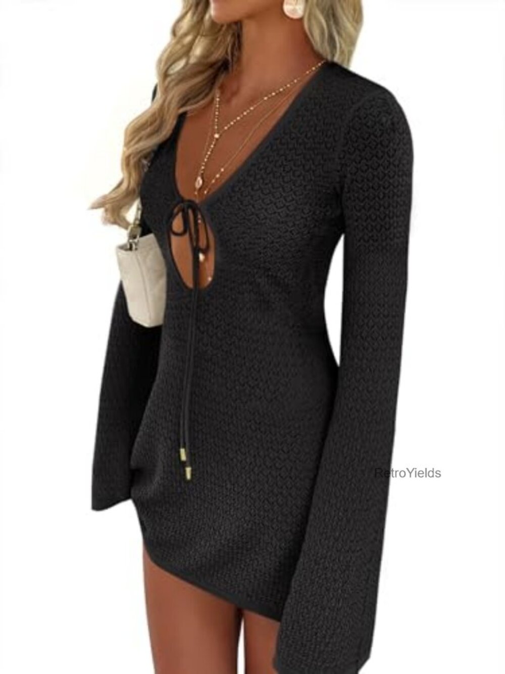 Women Crochet Swim Cover Up Knit Beach Vacation Dress Loose Fit Bell Sleeve